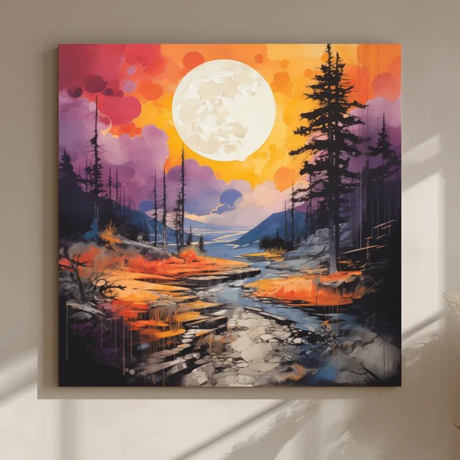 Vibrant River Valley Landscape Illustration - Abstract Sunset Forest Wall Art