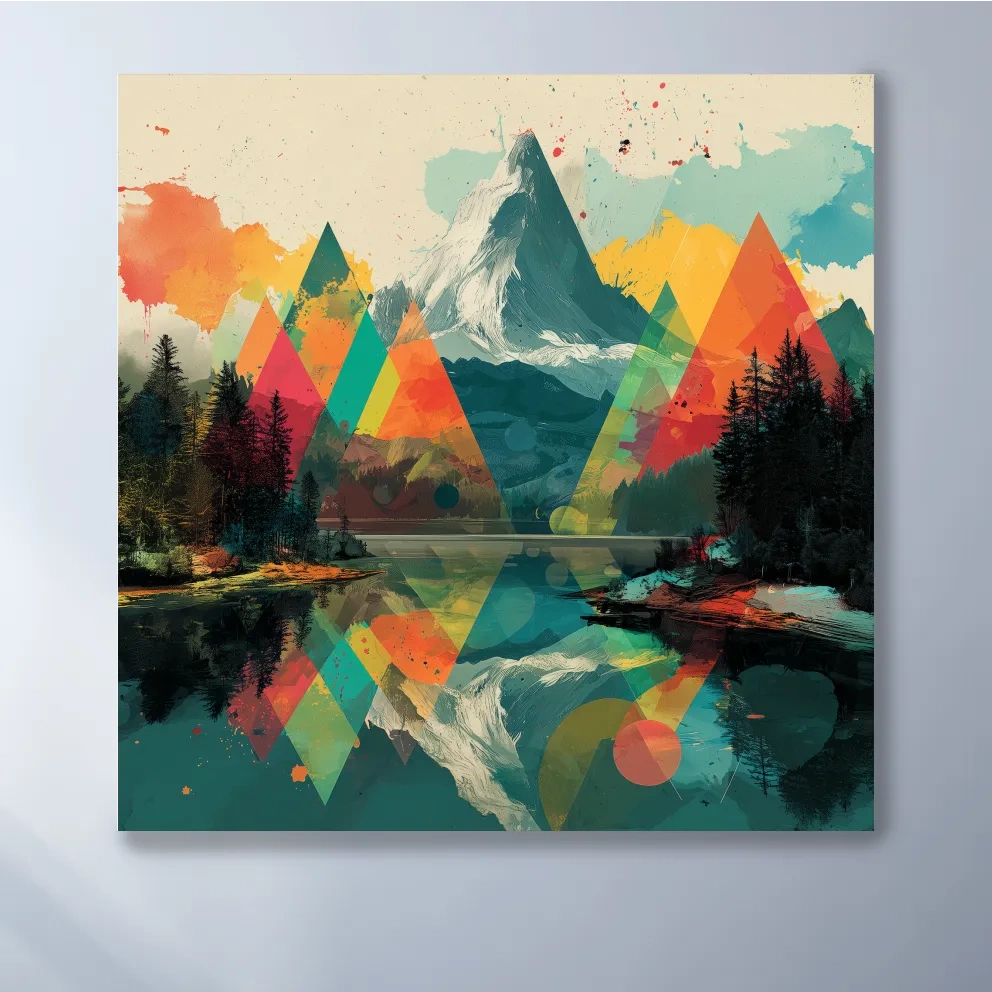 Vibrant Abstract Mountain Lake Collage Art - Colorful Alpine Wall Art