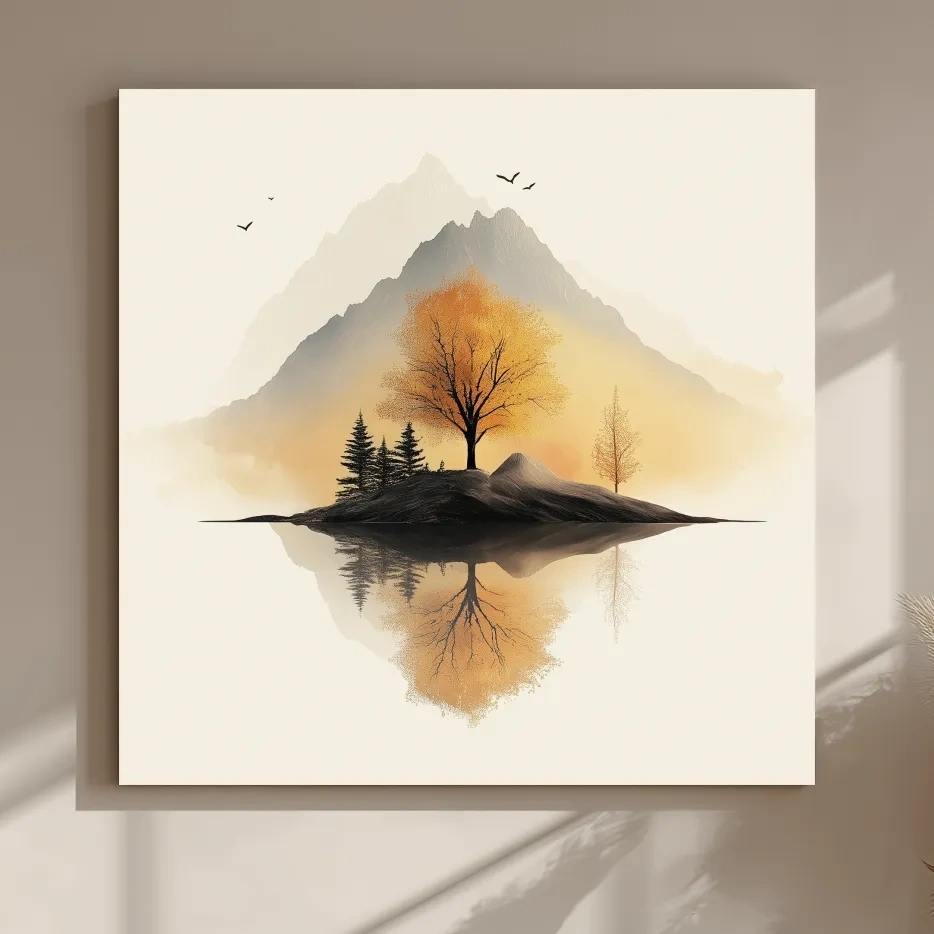 Minimalist Misty Mountain Lake Illustration - Serene Autumn Tree Landscape Wall Art