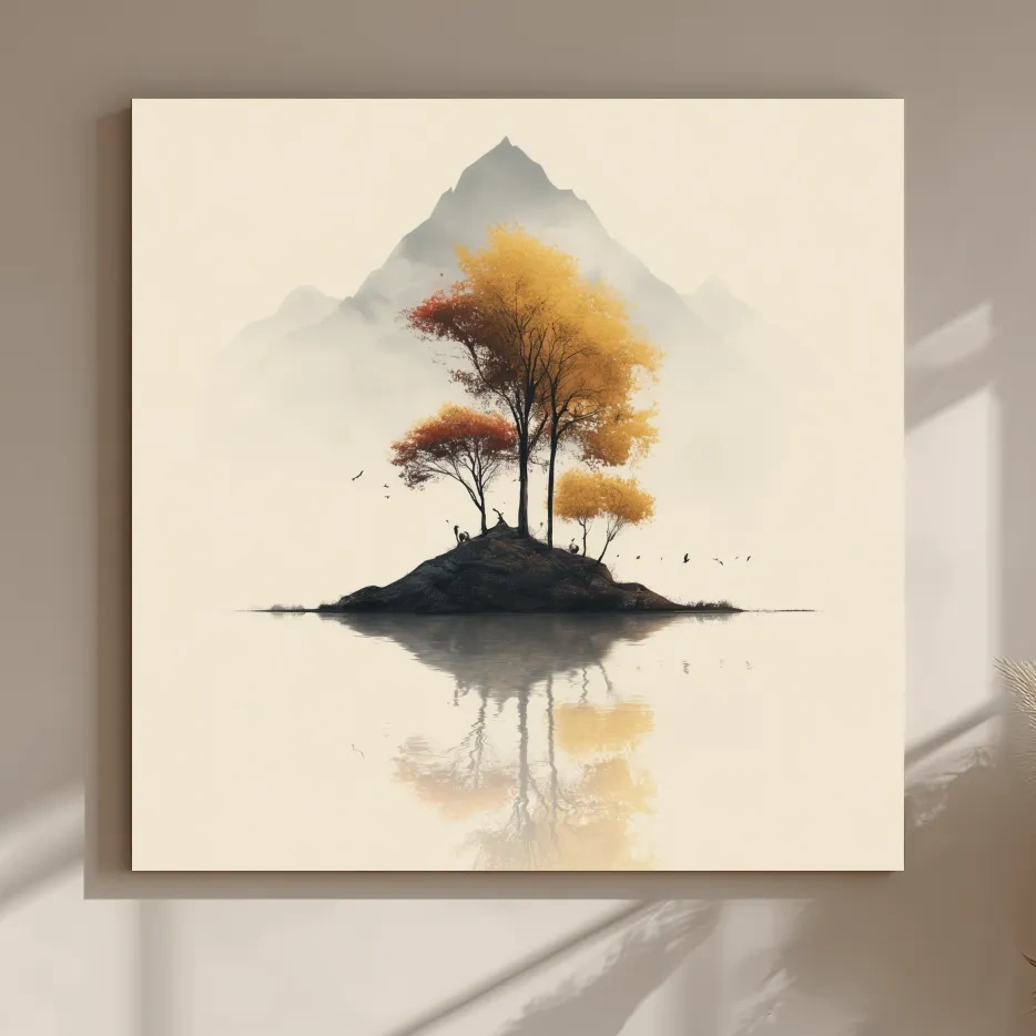 Minimalist Autumn Trees On Misty Lake Island - Serene Mountain Landscape Wall Art