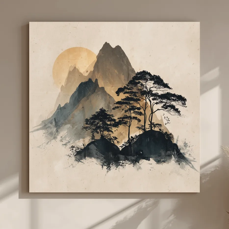 Zen Ink Wash Mountain Sunrise - Minimalist Japanese Pine Landscape Wall Art