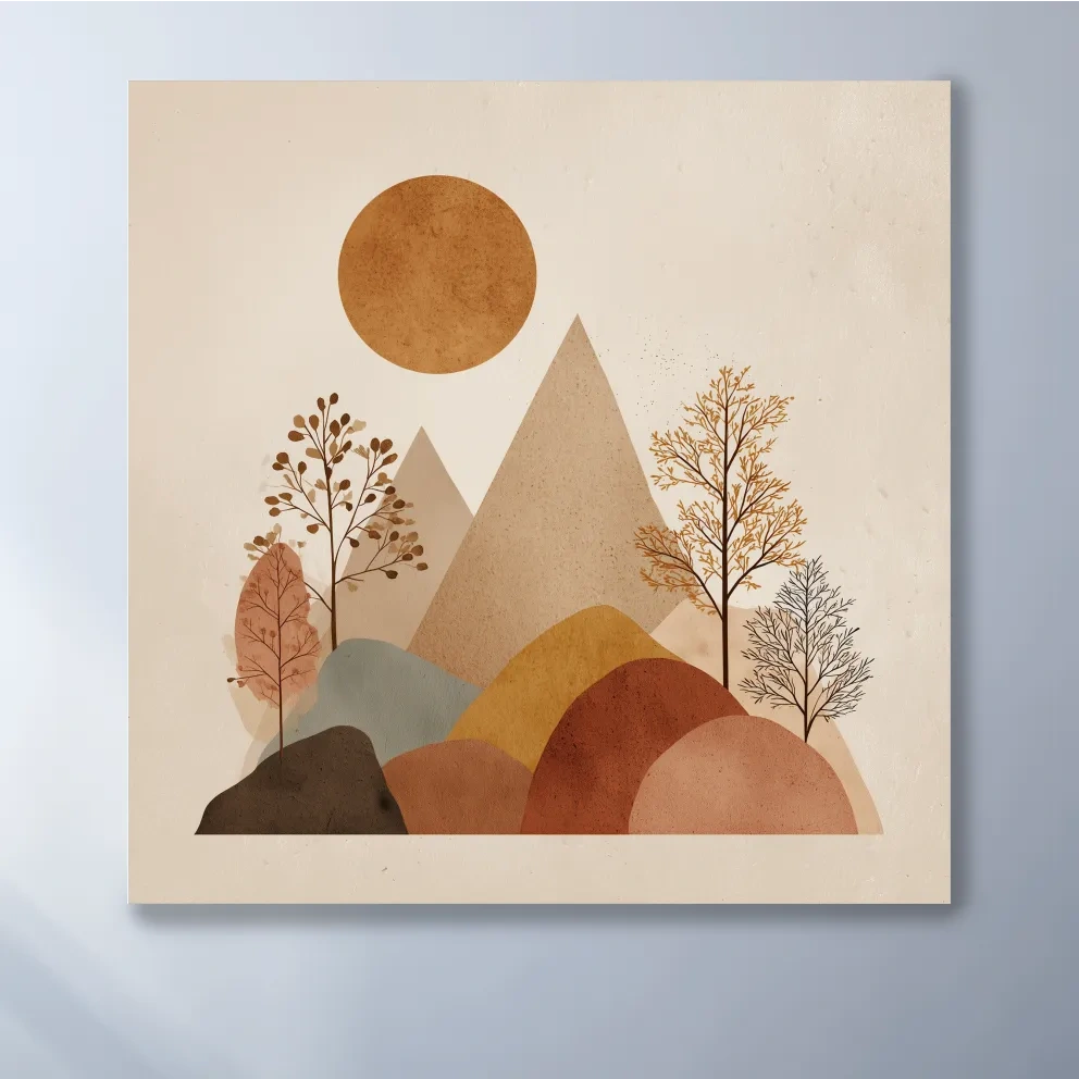 Minimalist Scandi Mountain Sunset Landscape - Boho Neutral Earth Tone Wall Art