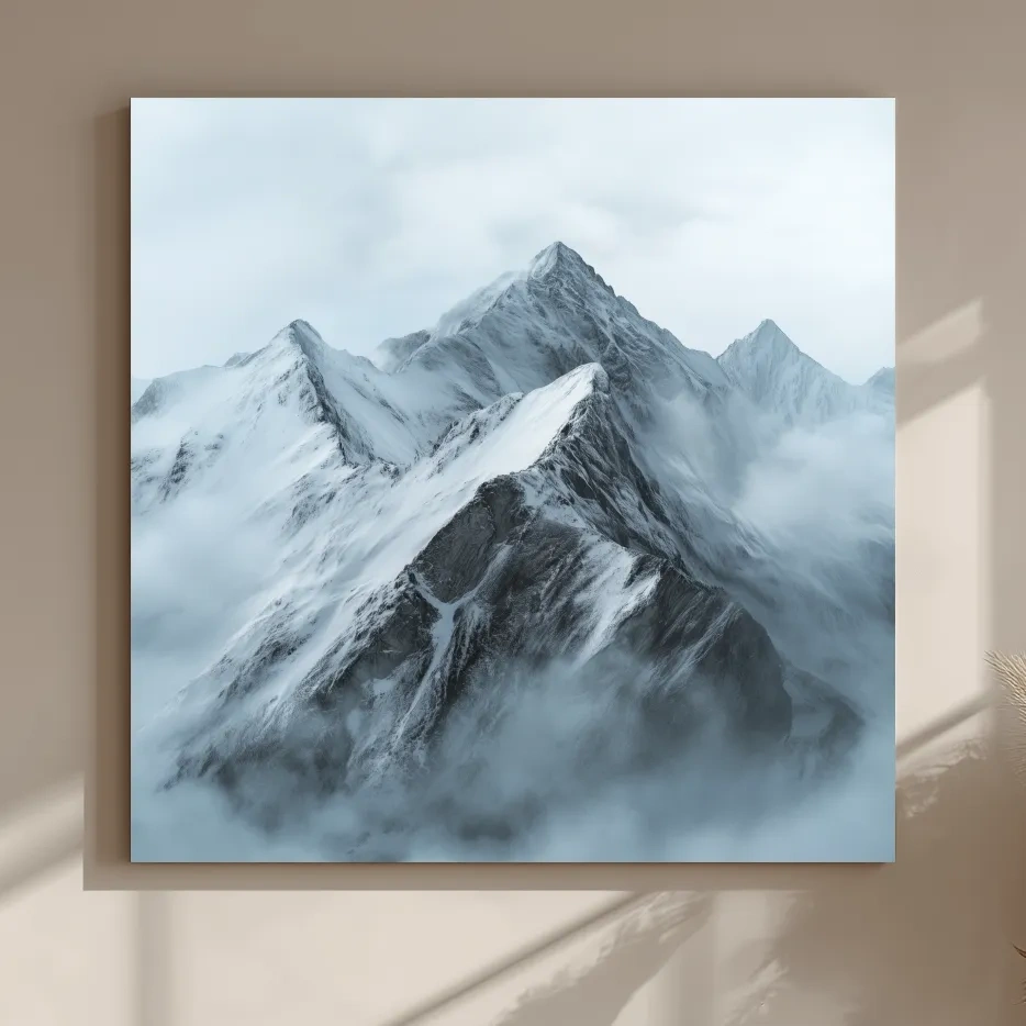 Misty Snowcapped Alpine Peak Landscape - Monochrome Photographic Mountain Wall Art