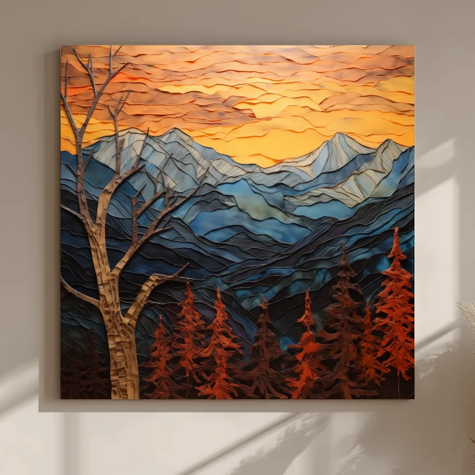 Layered Paper Cut Alpine Mountain Sunset - Mixed Media 3D Landscape Wall Art