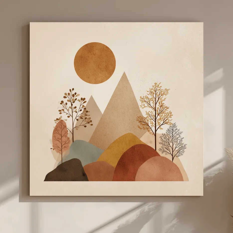 Minimalist Scandi Mountain Sunset Landscape - Boho Neutral Earth Tone Wall Art
