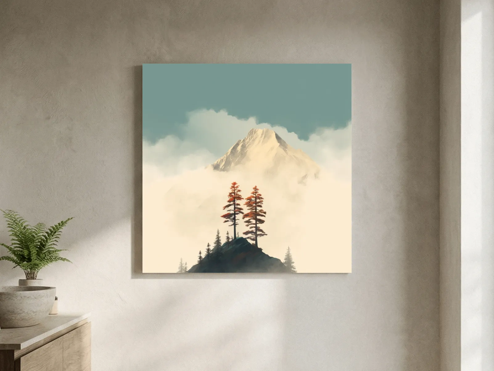 Minimalist art, trees before a glacier in the clouds