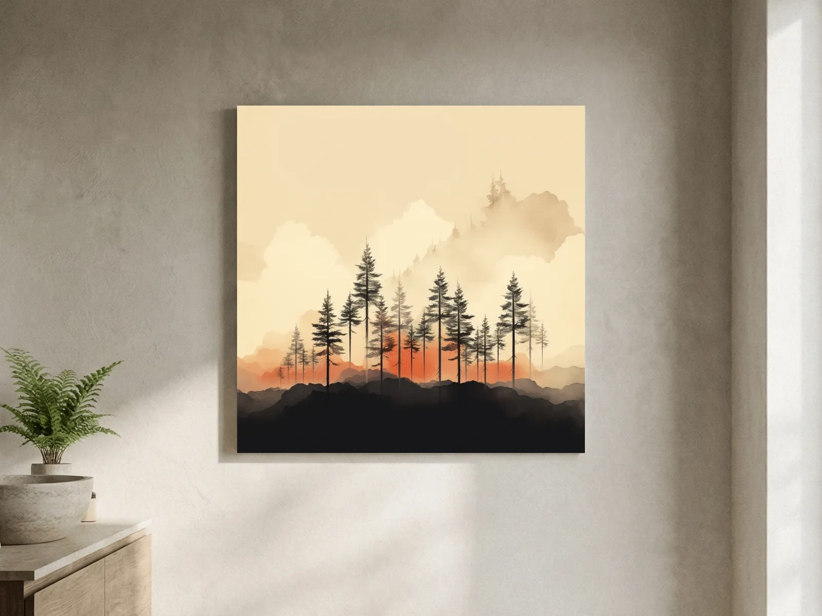 Misty Pine Forest Silhouettes At Sunrise - Minimalist Watercolor Mountain Wall Art