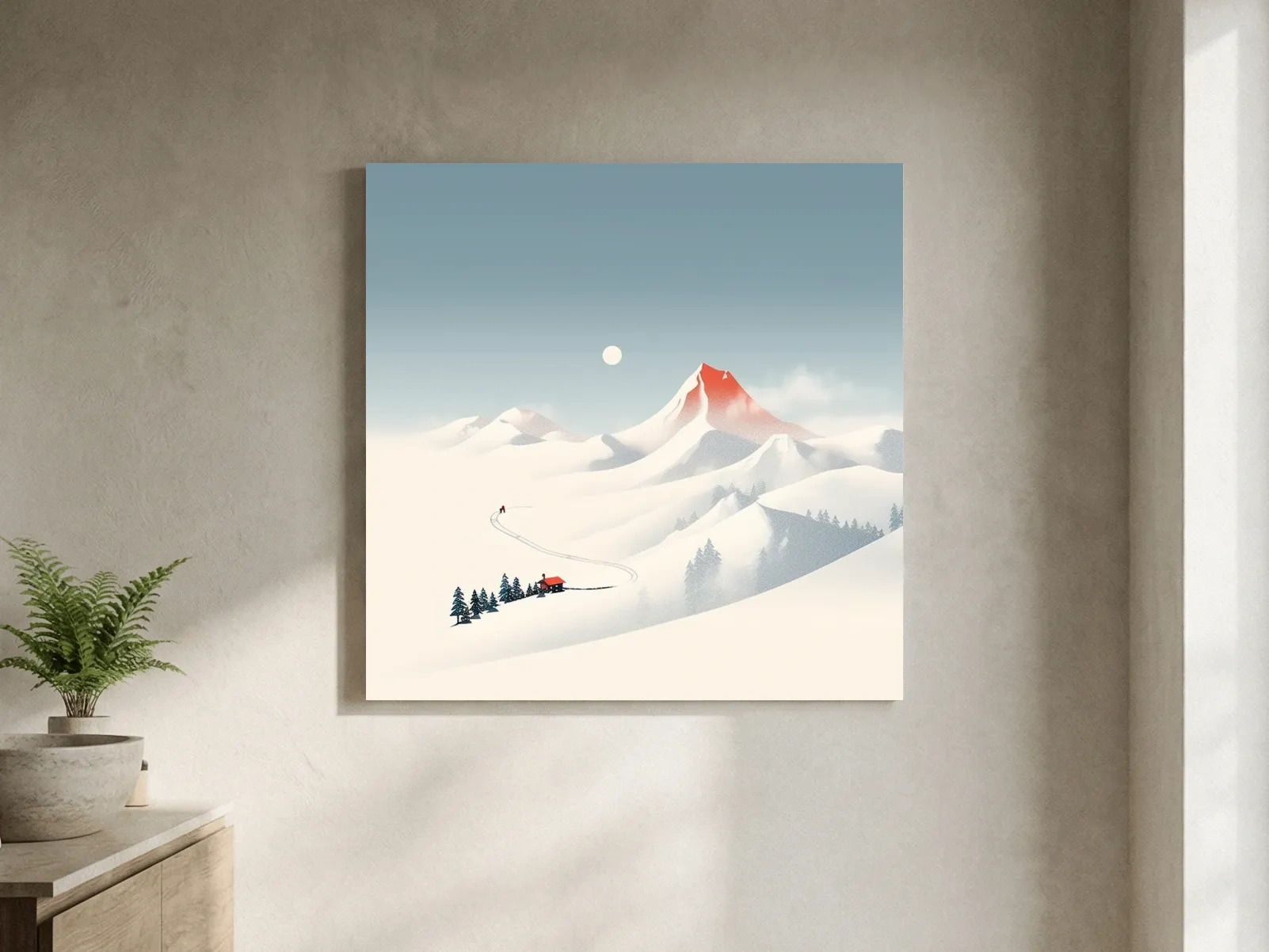 Minimalist Snowy Mountain Cabin Landscape - Nordic Winter Wall Art