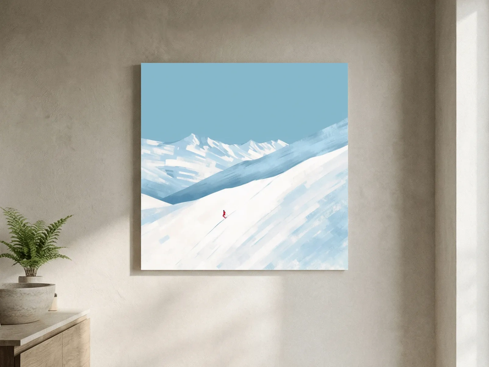 Minimalist Snowy Mountain Skier Painting - Alpine Winter Wall Art