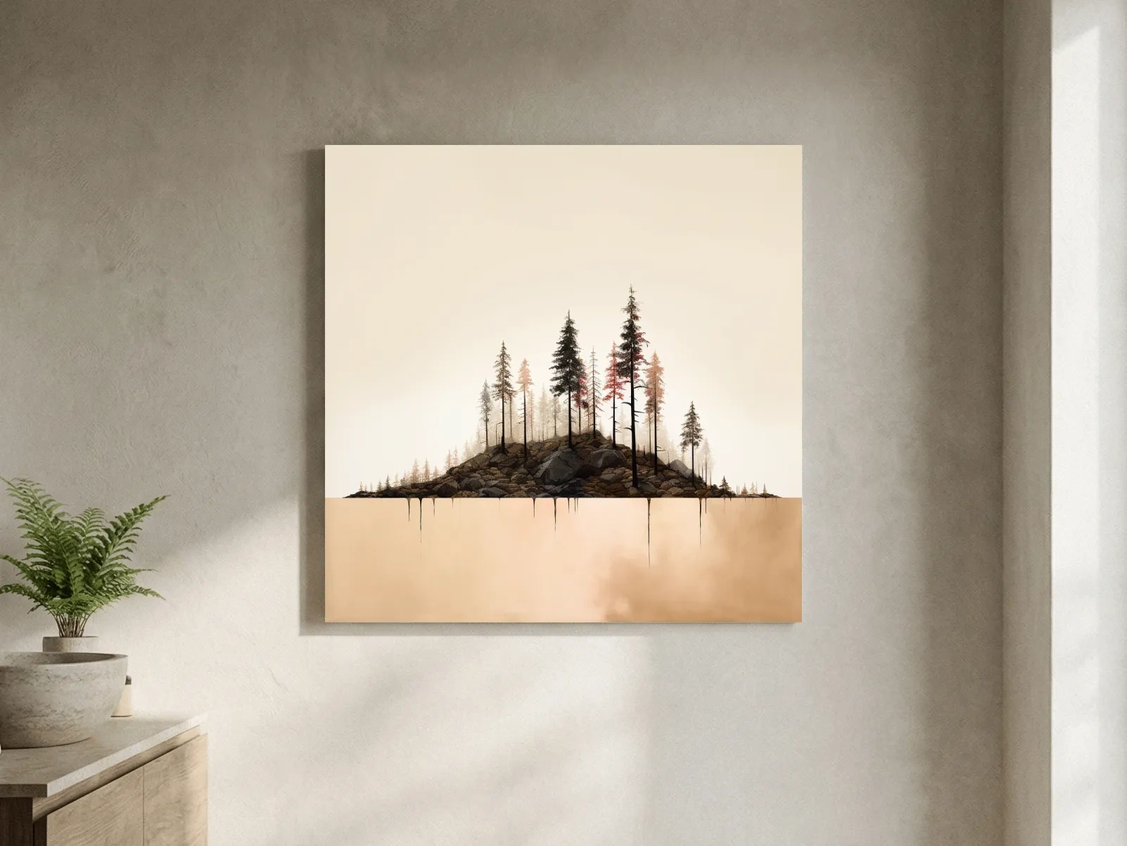 Minimalist Pine Forest Lake Illustration - Scandinavian Landscape Artwork