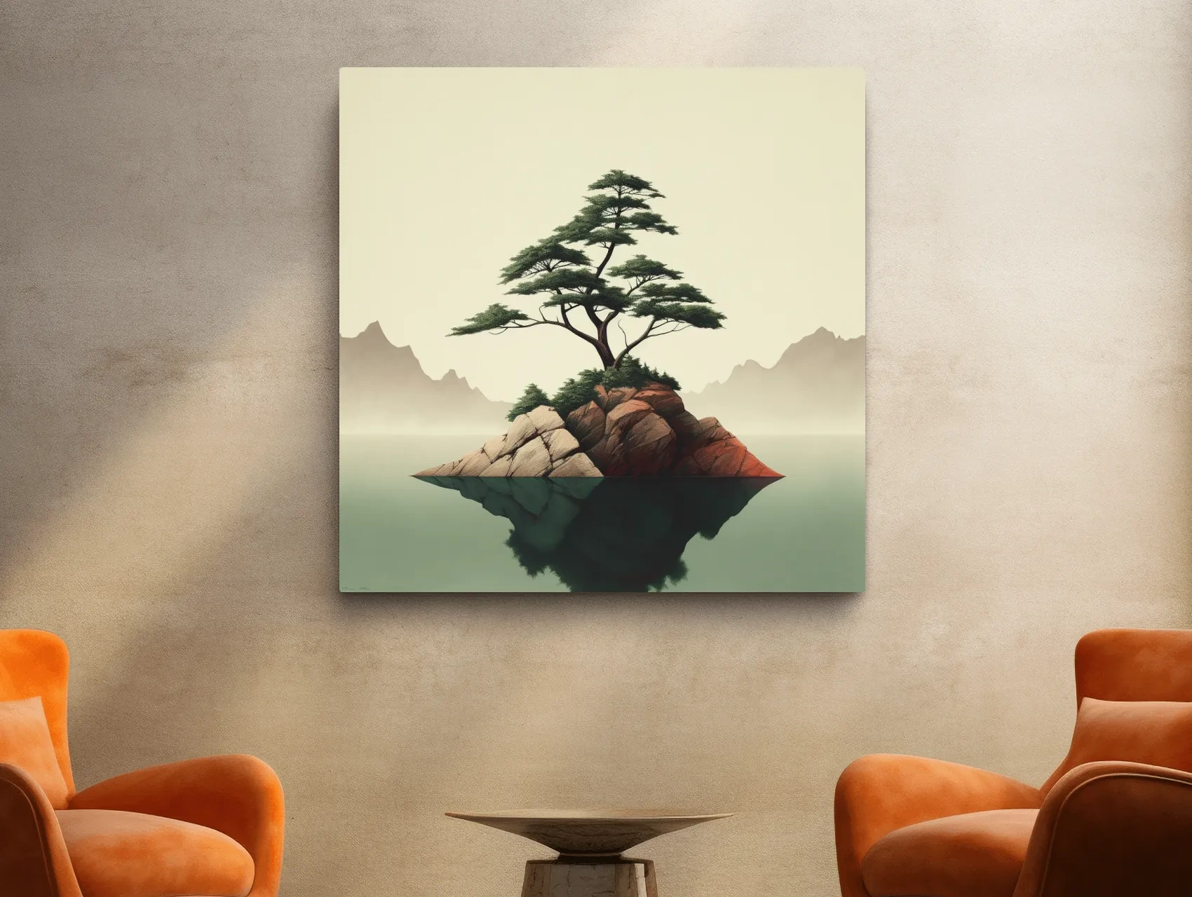 Minimalist Bonsai Pine On Rocky Islet - Japanese Zen Landscape Wall Art