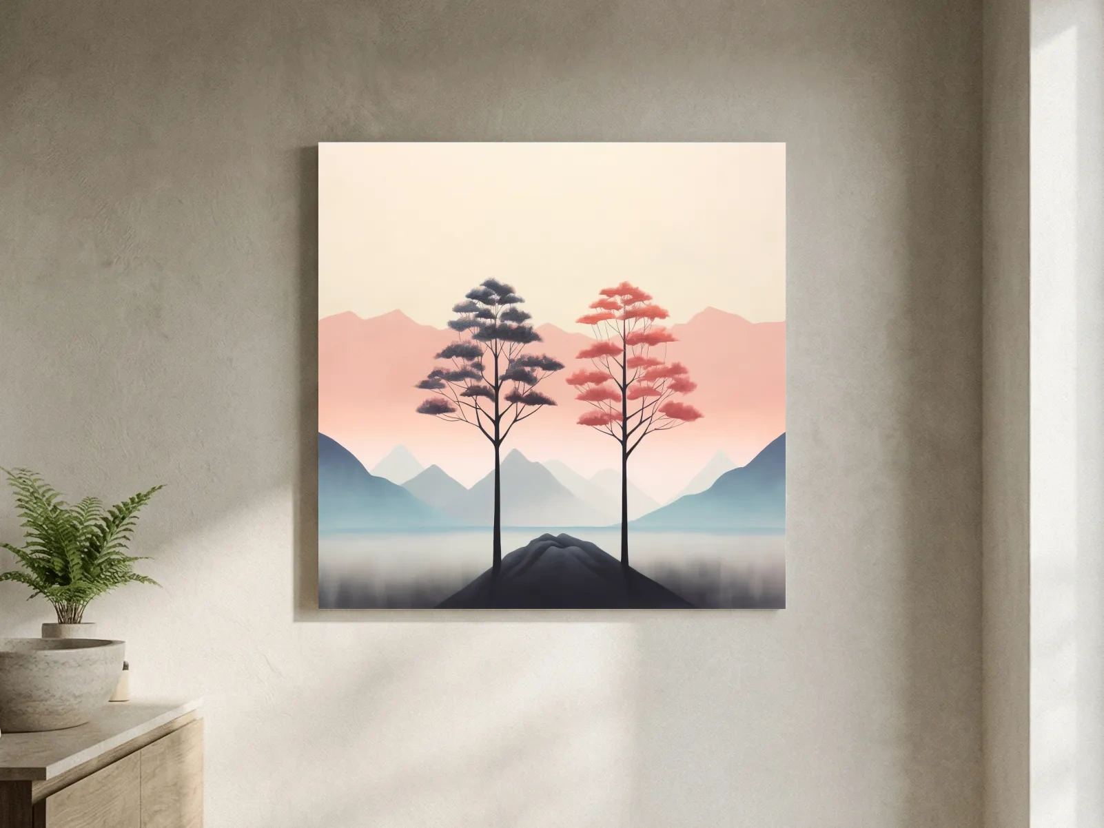 Minimalist Twin Pine Trees Landscape - Serene Pastel Mountain Lake Wall Art