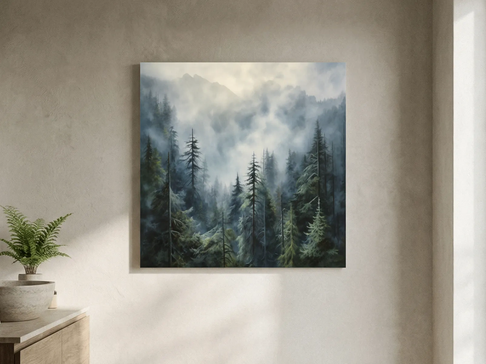 Moody Misty Pine Forest Mountains - Atmospheric Landscape Painting Wall Art