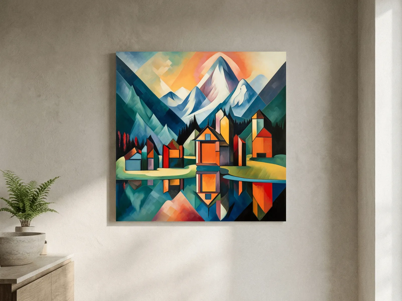 Colorful Geometric Alpine Village Lake Painting - Modern Abstract Mountain Wall Art