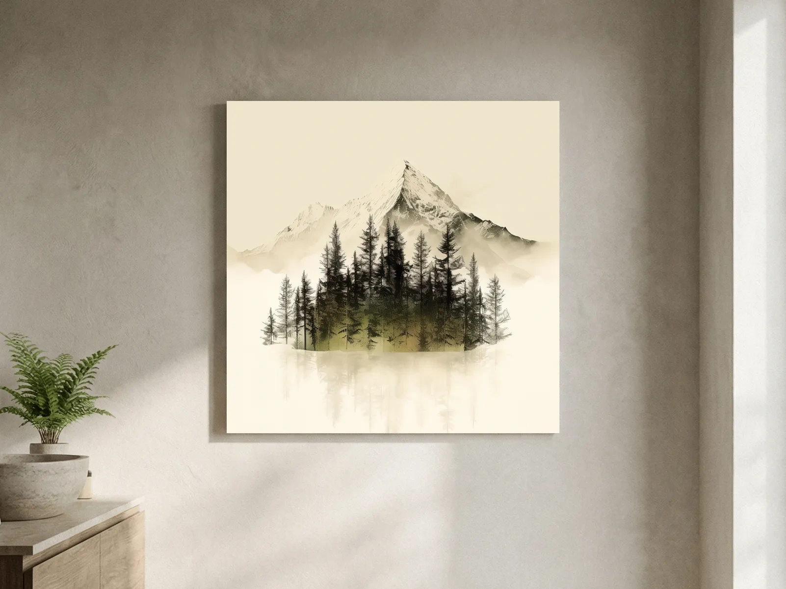 Misty Alpine Mountain Pine Forest Artwork - Minimalist Landscape Wall Art