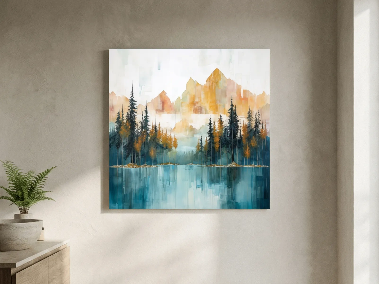 Abstract Watercolor Alpine Lake Reflection - Misty Mountain Forest Wall Art