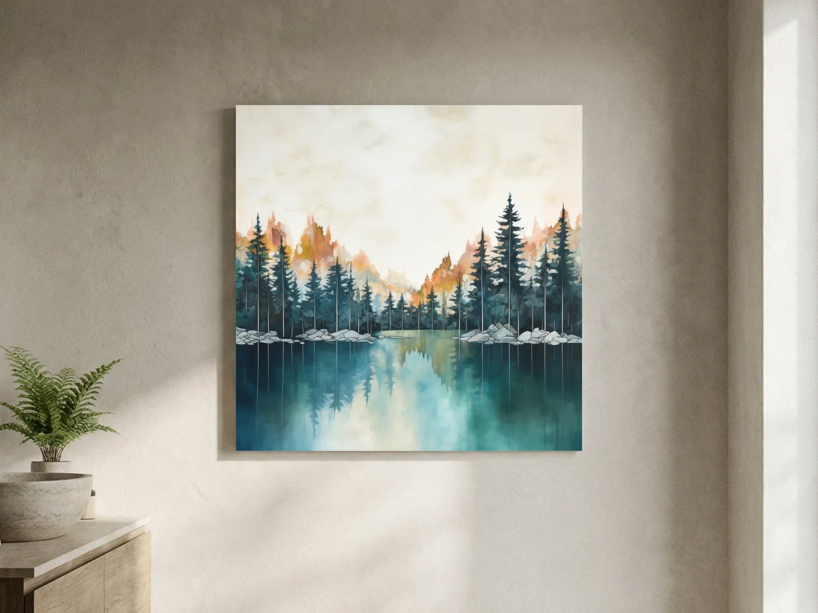Misty Forest Lake Watercolor Painting - Serene Landscape Wall Art