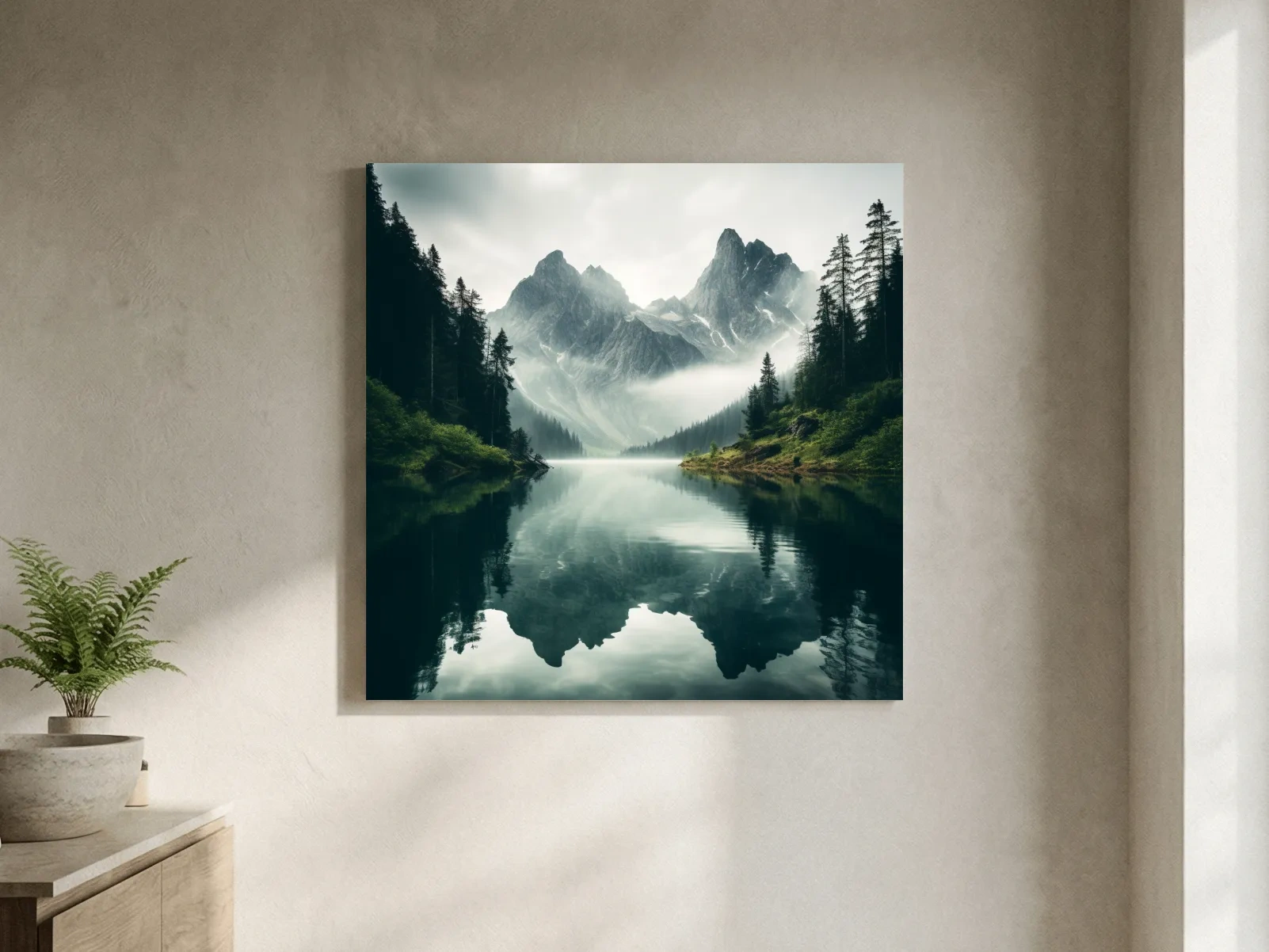 Misty Alpine Mountain Lake Reflection - Moody Pine Forest Photographic Wall Art