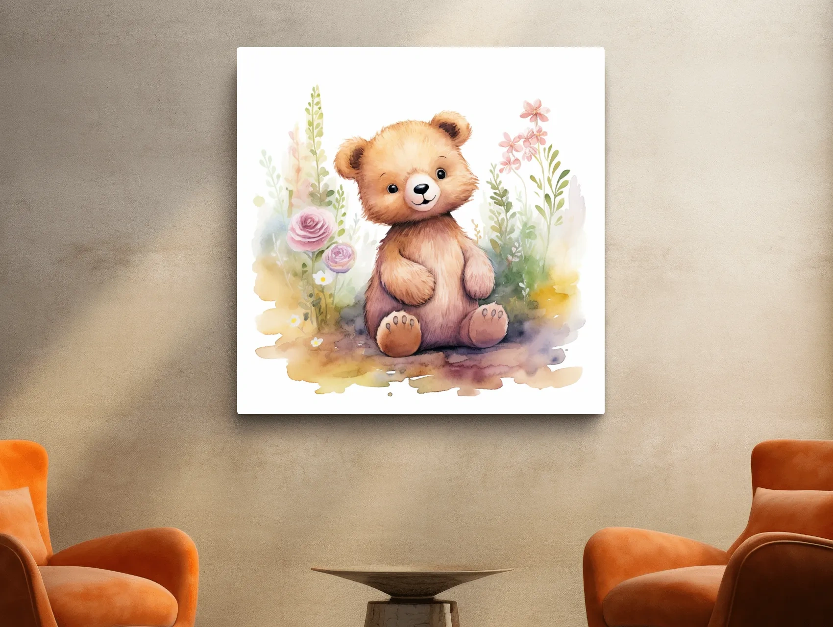 Nursery art, watercolor painting of a cute baby bear