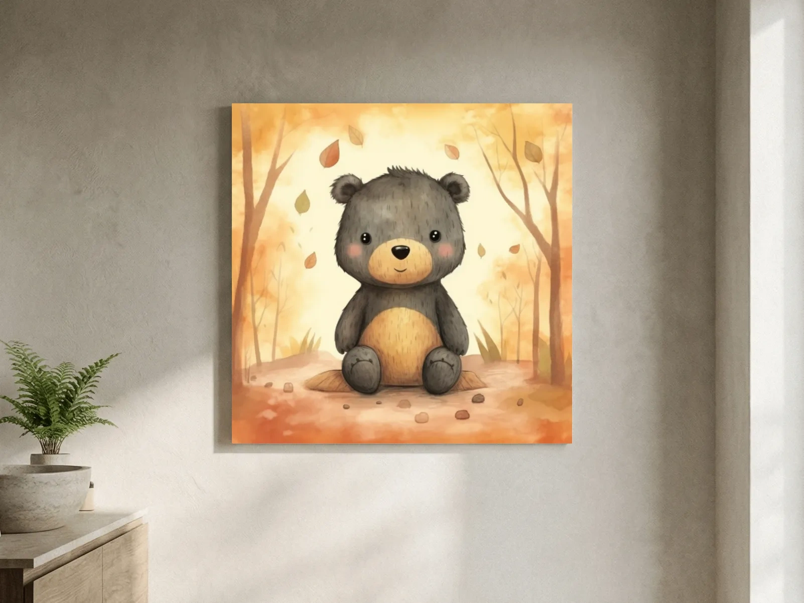 An illustration of a cute bear sitting in the forest, childrens art