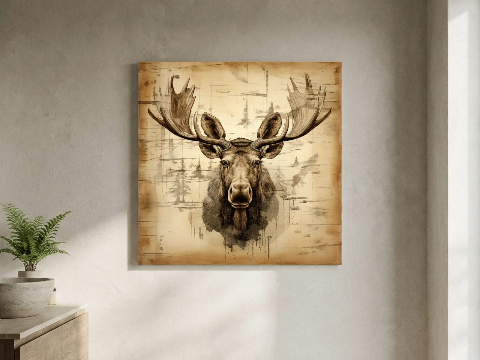 Rustic Sepia Moose Portrait Sketch - Vintage Lodge Wildlife Wall Art