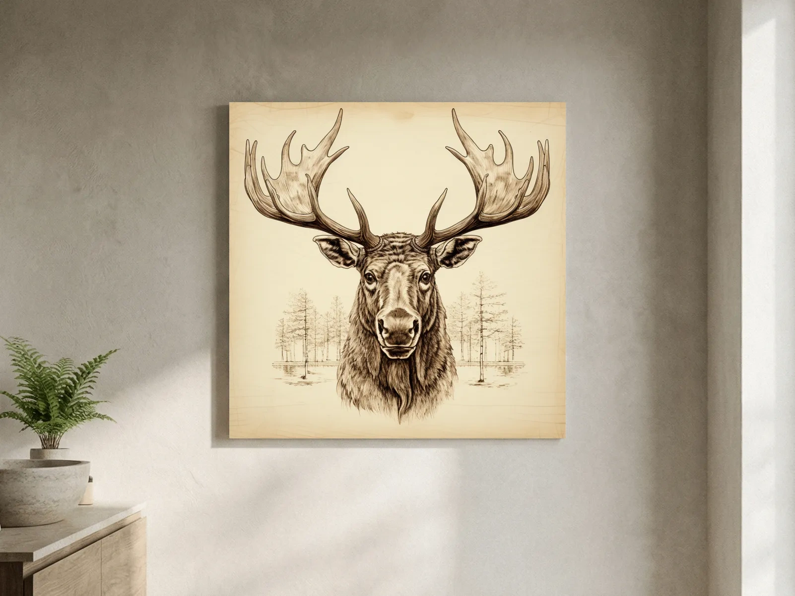 Rustic Sepia Moose Head Sketch - Vintage Woodland Wildlife Wall Art