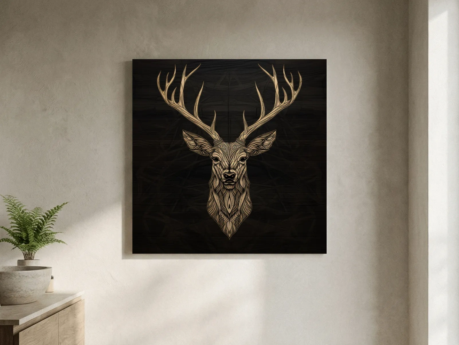 Elegant Geometric Deer Head Line Art - Rustic Woodcut Style Wildlife Artwork