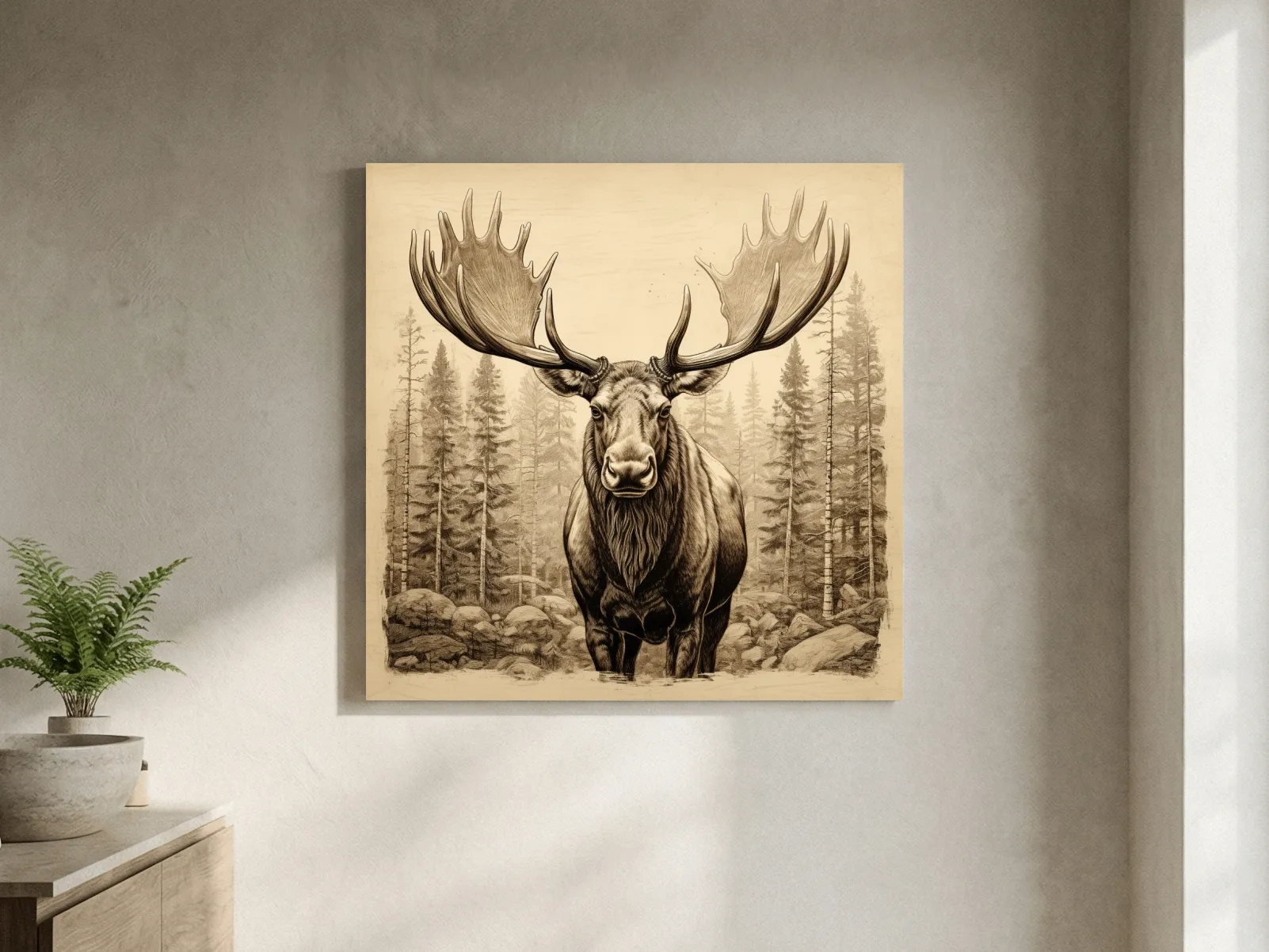 Majestic Moose Portrait Sketch - Vintage Sepia Wildlife Wall Art