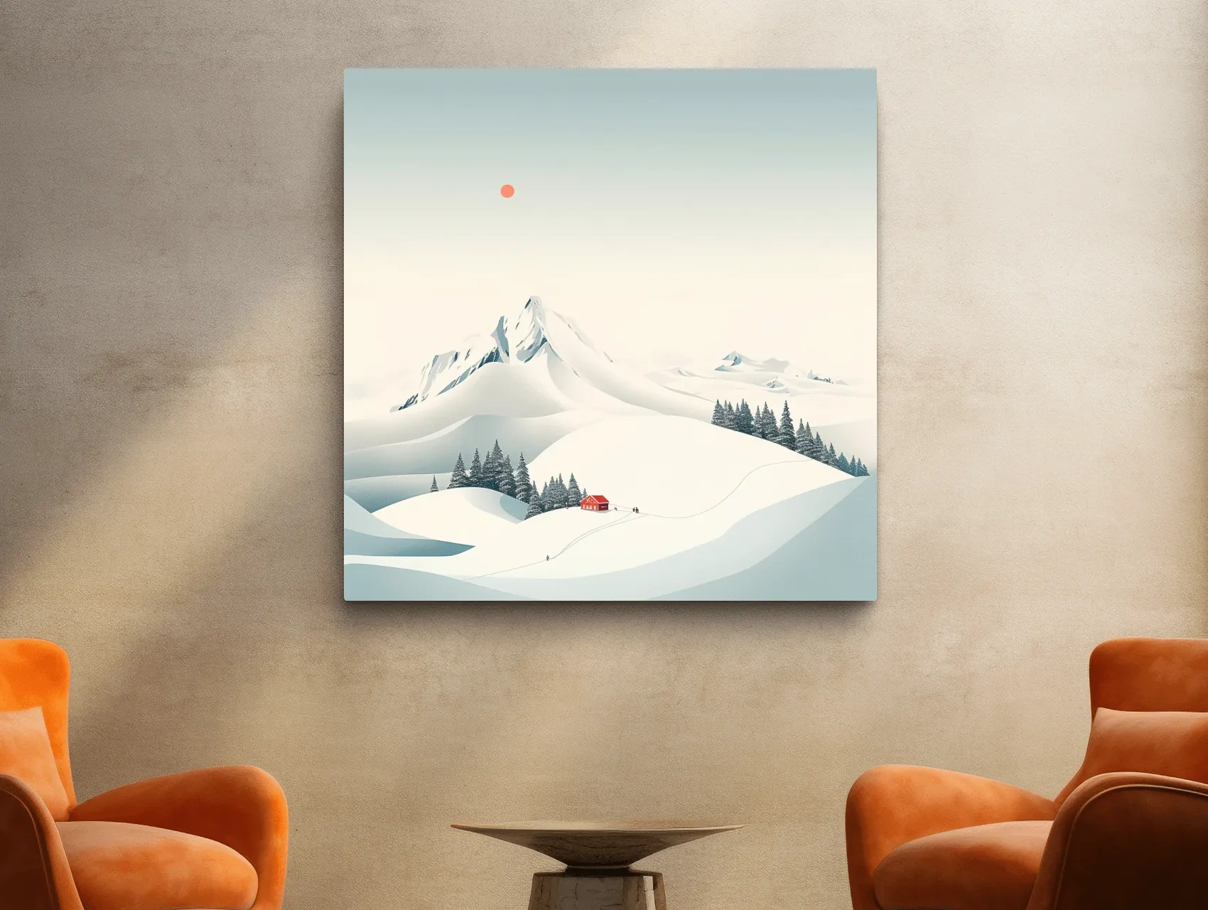 Minimalist Snowy Mountain Cabin Landscape - Winter Wall Art