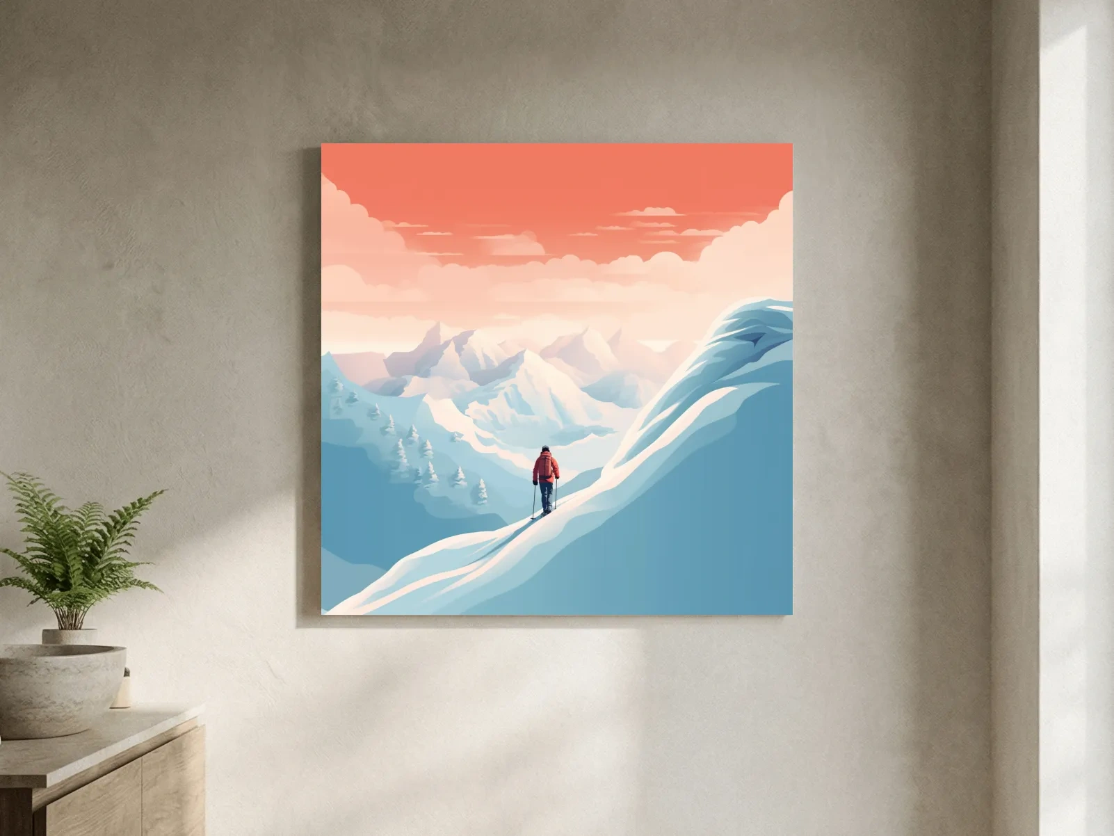 Minimalist Backcountry Skier Illustration - Pastel Alpine Landscape Wall Art