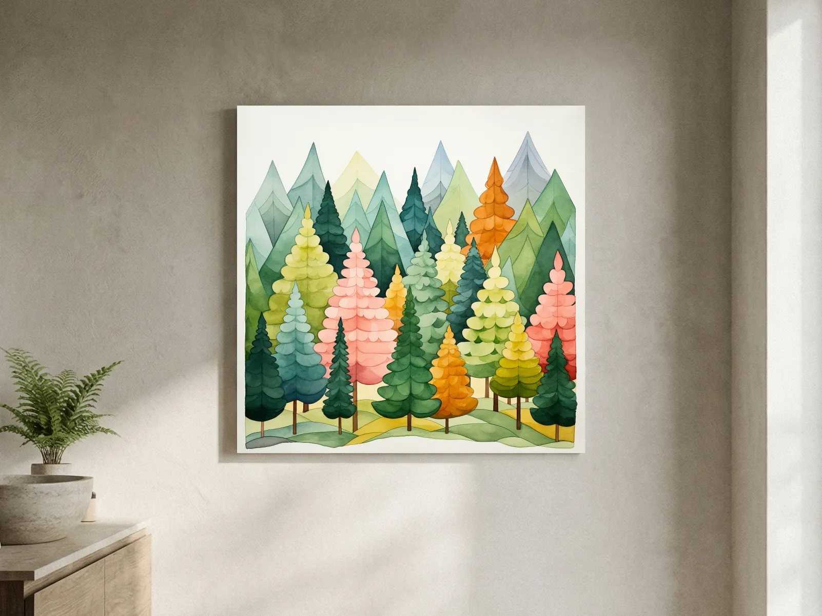 Whimsical Watercolor Pine Forest Mountains - Pastel Nursery Childrens Wall Art