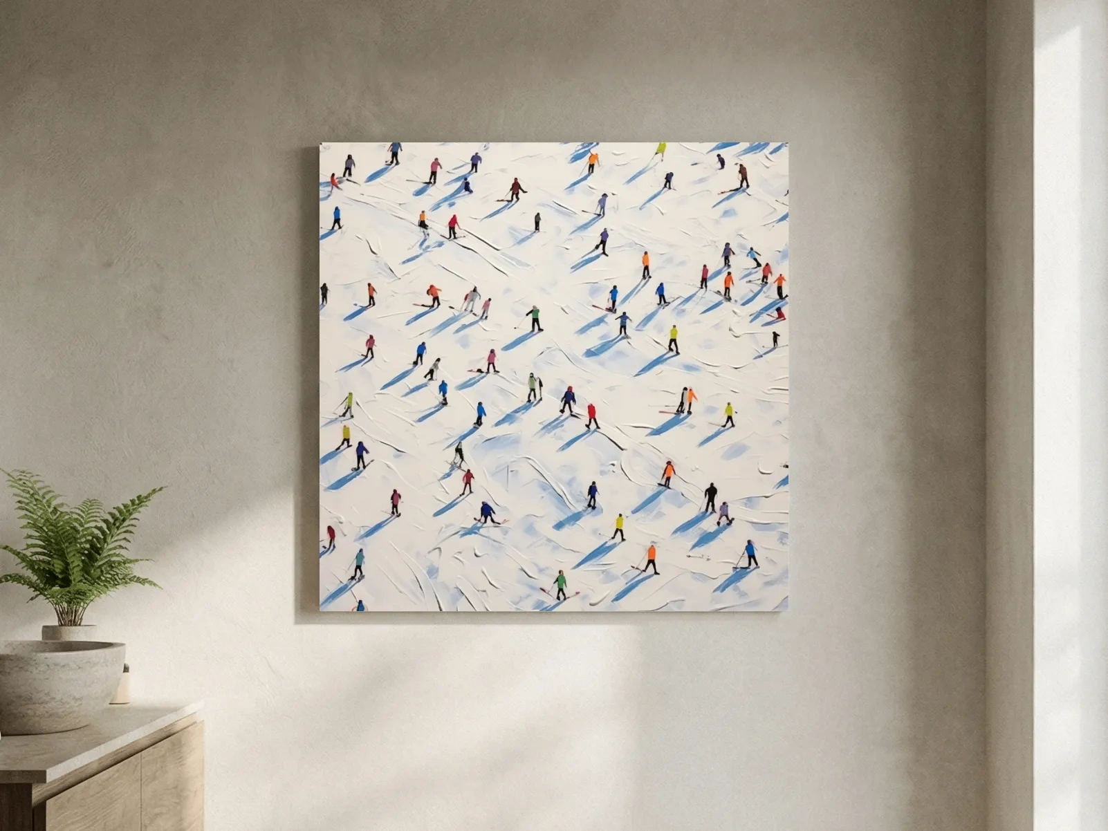 Tiny Skiers On Snowy Slopes - Modern Winter Sports Painting Wall Art