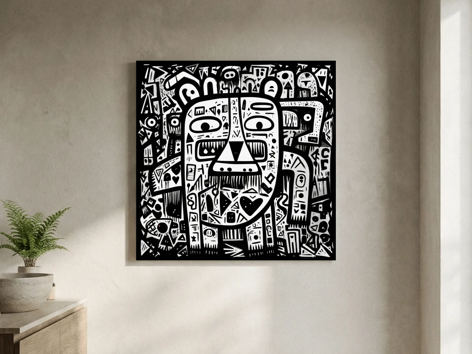 Abstract Black And White Graffiti Bear Doodle Art - Bold Geometric Animal Wall Art