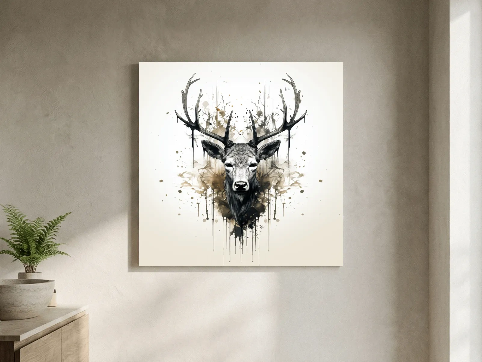 Watercolor Stag Portrait Rorschach Ink Splatter - Rustic Wildlife Artwork