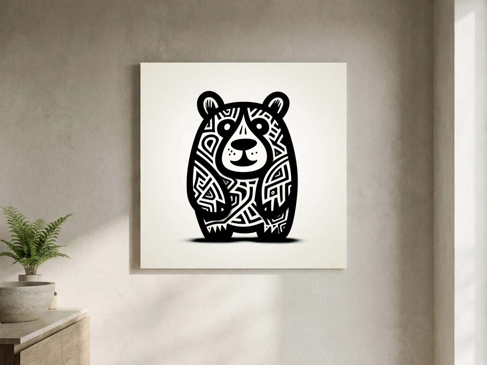 Tribal Cartoon Bear Illustration - Minimalist Black And White Wildlife Wall Art