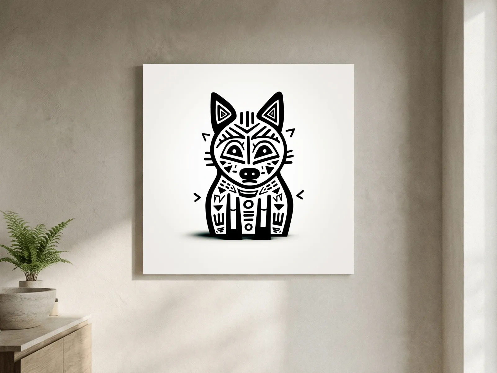 Minimalist Tribal Fox Line Art - Quirky Black And White Animal Wall Art