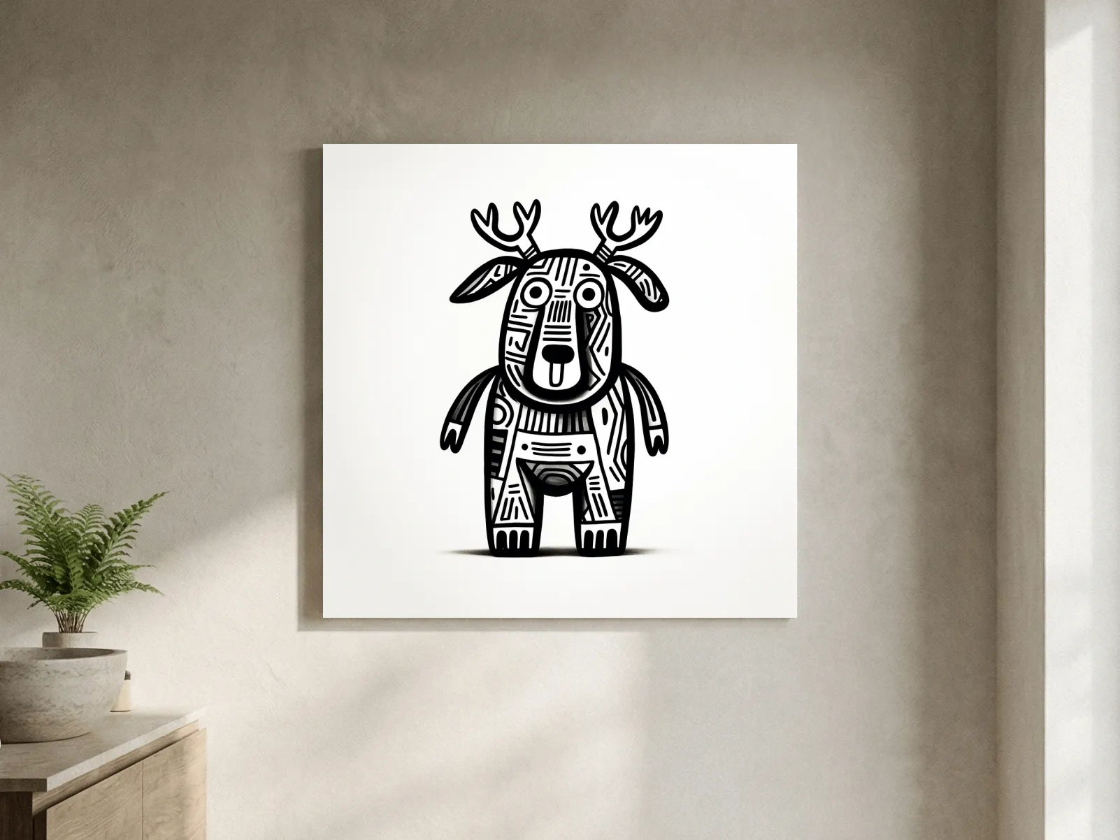 Whimsical Tribal Deer Illustration - Quirky Black And White Animal Wall Art