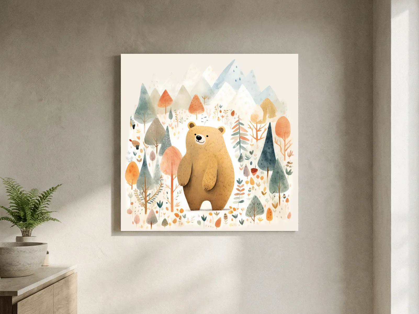 Cute Watercolor Bear In Mountain Forest - Whimsical Nursery Wall Art