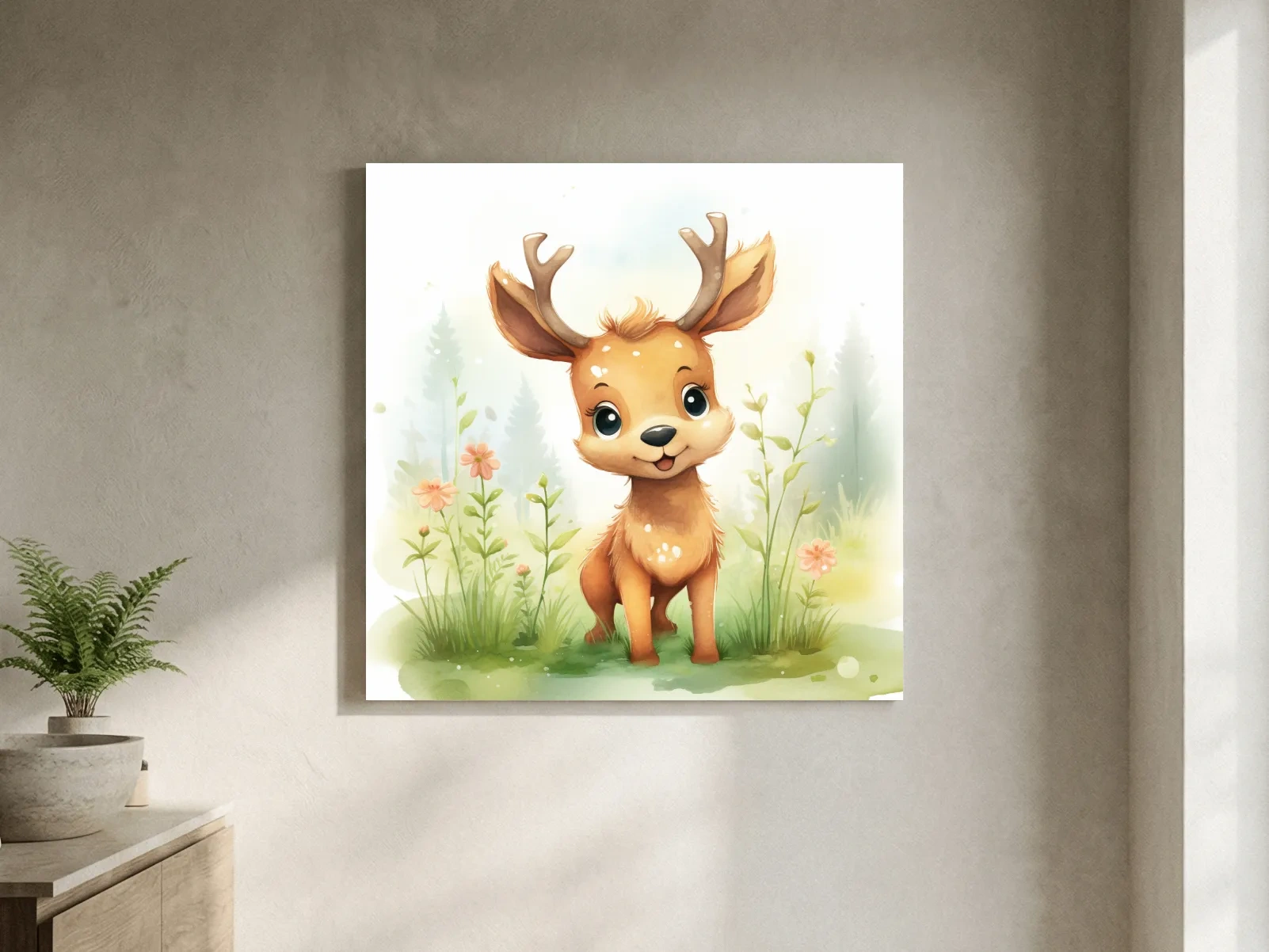 Cute Watercolor Baby Deer Illustration - Woodland Nursery Animal Wall Art