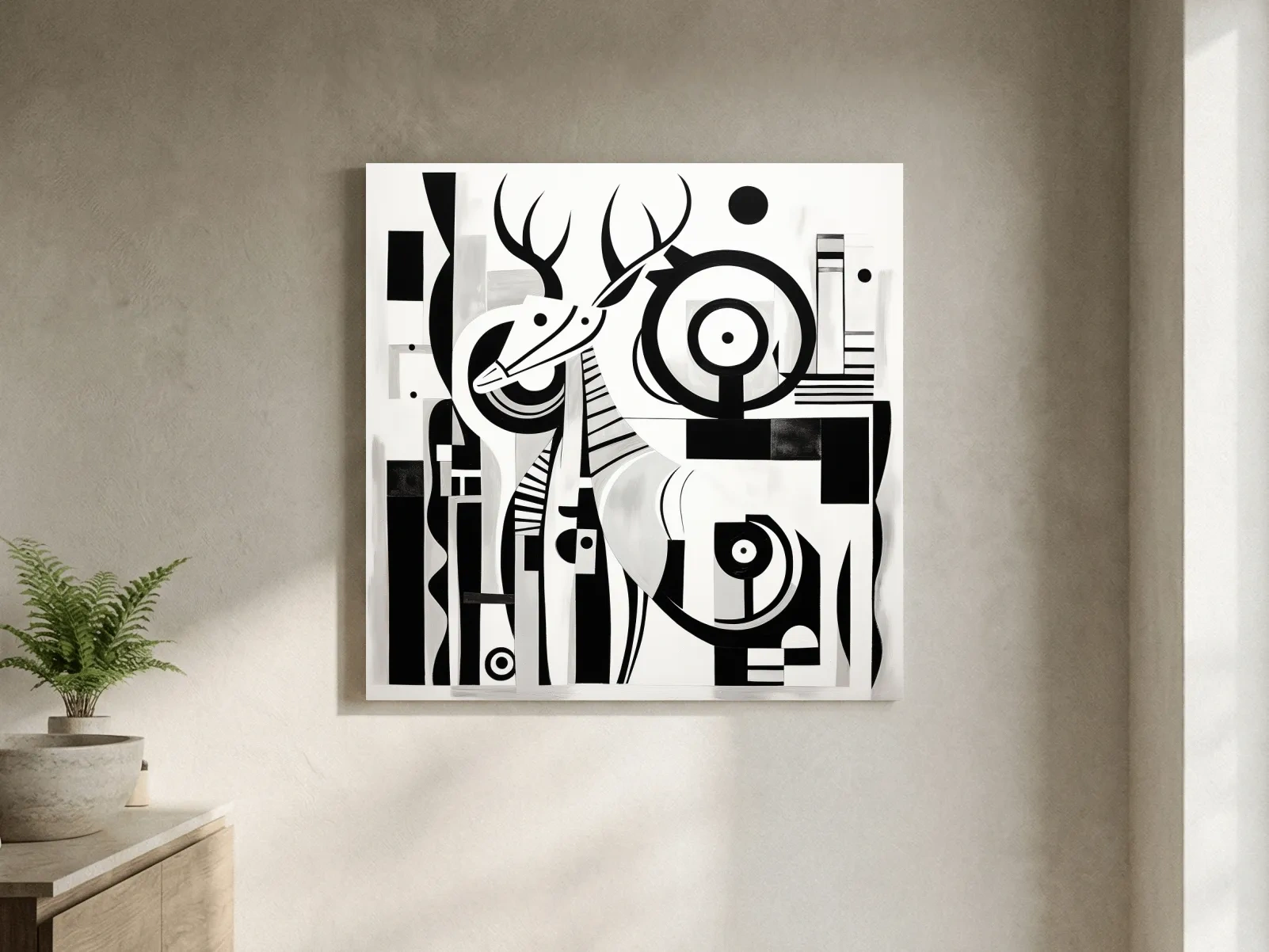 Abstract Geometric Deer Artwork - Mid-Century Black And White Animal Wall Art