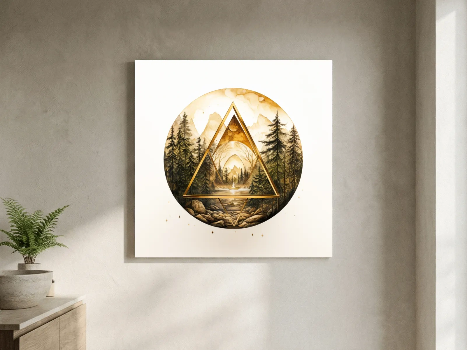 Rustic Mountain Forest Watercolor - Gold Sepia Landscape Wall Art