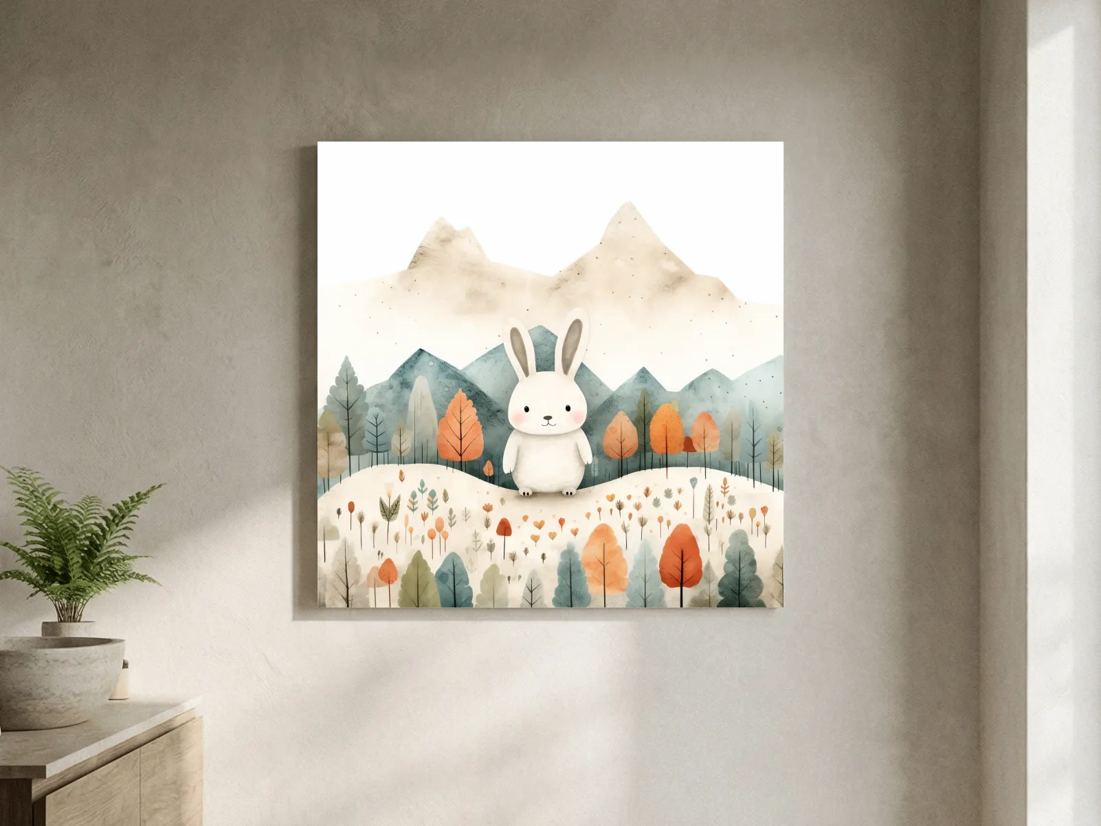 Cute Watercolor Bunny In Mountain Forest - Whimsical Nursery Woodland Wall Art