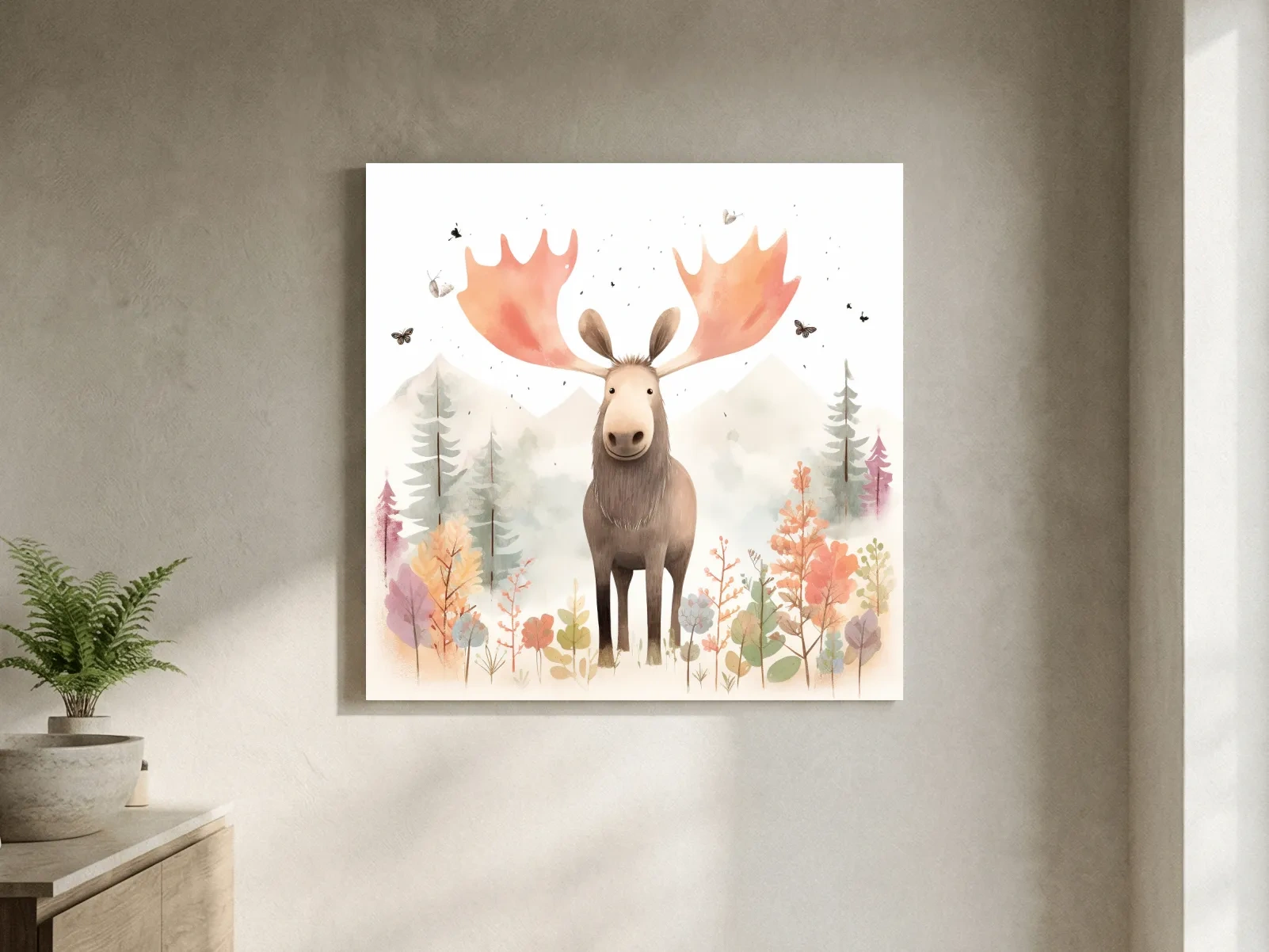 Whimsical Watercolor Moose In Pastel Forest - Storybook Nursery Animal Wall Art