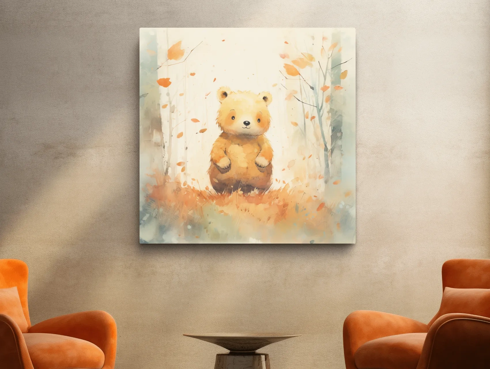 Cute Watercolor Bear Cub In Autumn Forest - Whimsical Nursery Animal Wall Art