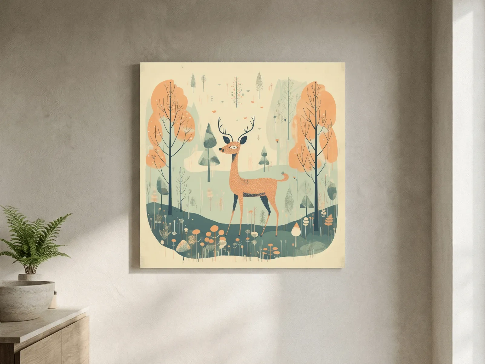 Deer artwork illustration for a nursery, folk art style