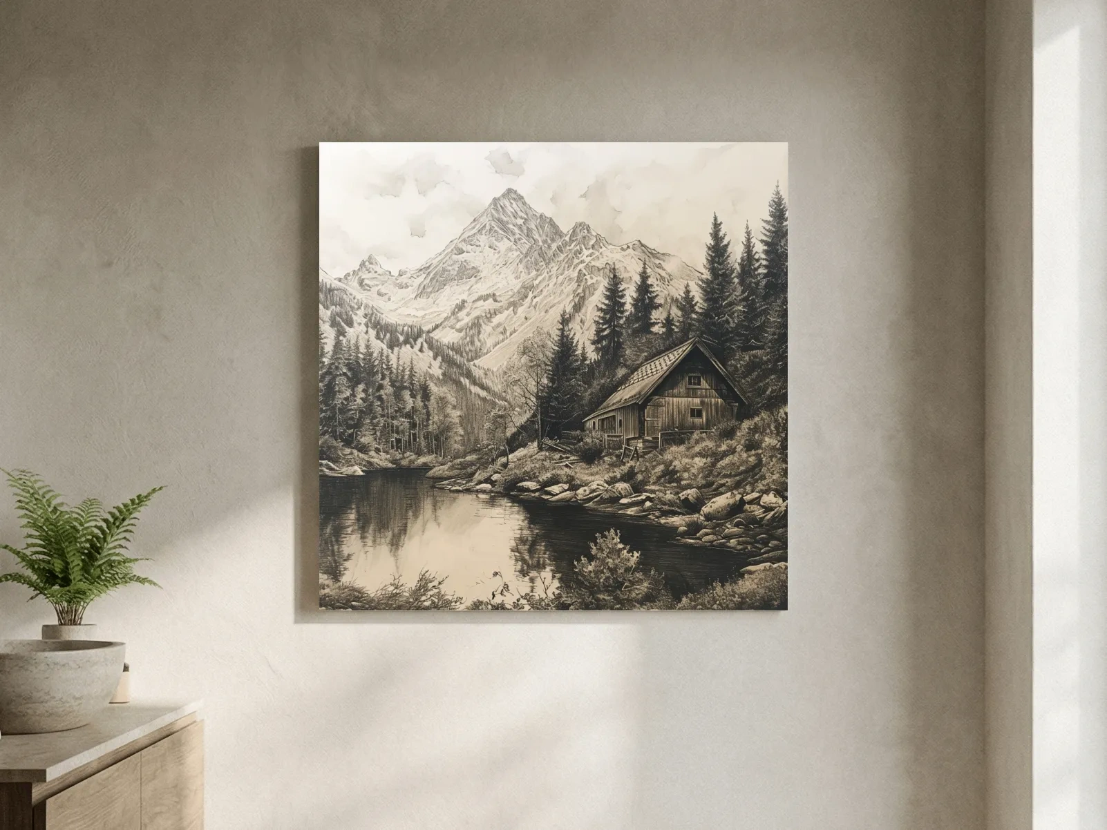 Vintage Sepia Mountain Cabin Lake Scene - Rustic Alpine Forest Landscape Art