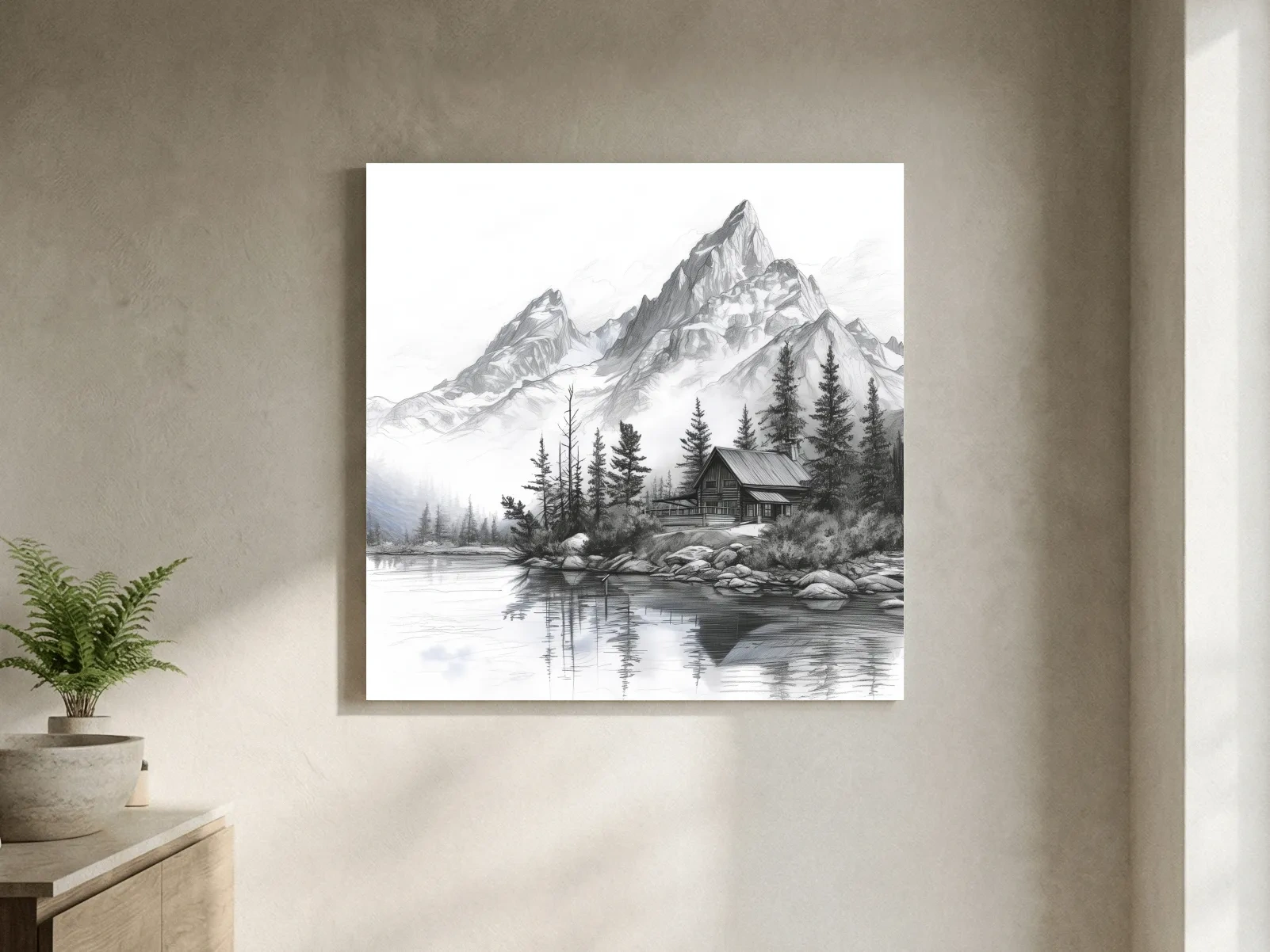 Monochrome Mountain Lake Cabin Sketch - Rustic Alpine Glacier Wall Art
