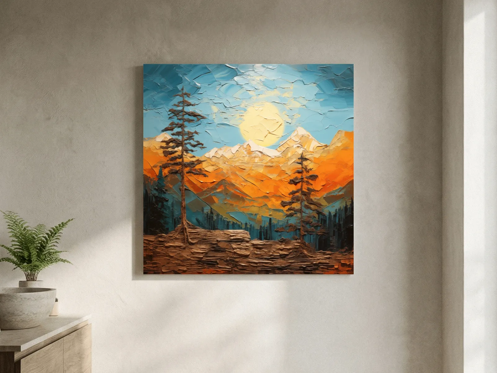 Impasto Style Mountain Sunrise Landscape - Bold Alpine Wall Art