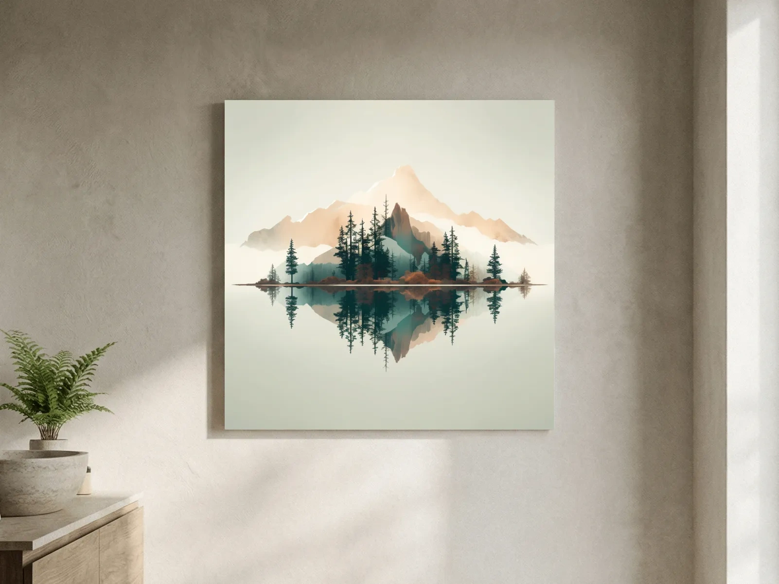 Minimalist Watercolor Mountain Lake Reflection - Serene Pine Forest Landscape Wall Art