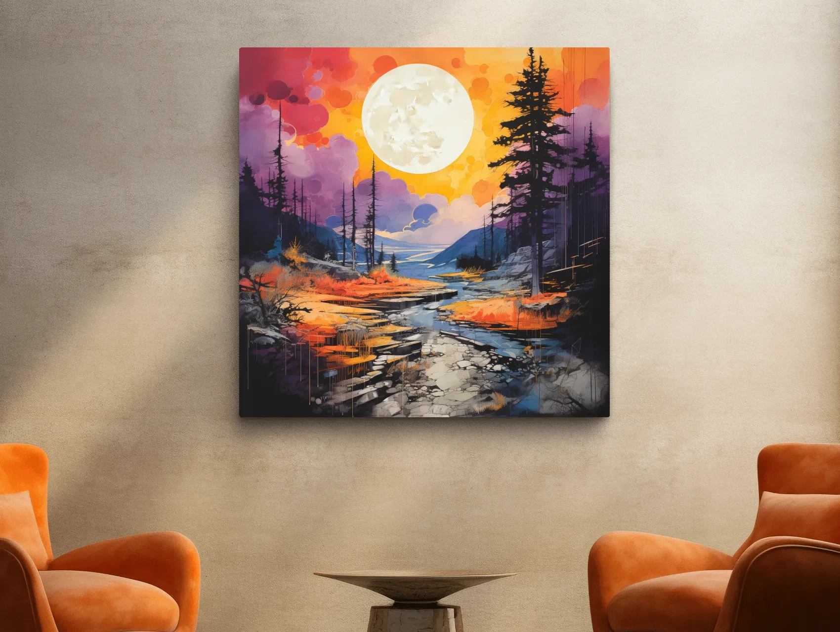 Vibrant River Valley Landscape Illustration - Abstract Sunset Forest Wall Art